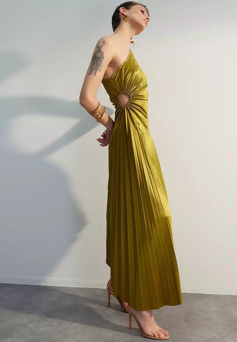 Asymmetric Pleated Detailed Satin Elegant Evening Dress