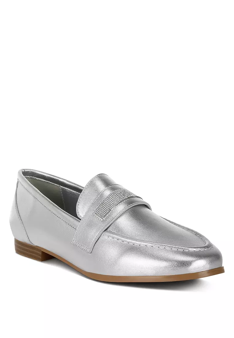 Rhinestone Strap Metallic Loafers in Silver