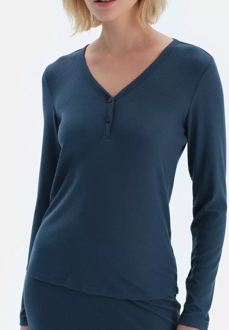 Navy T-Shirt & Trousers, V-Neck, Regular, Long Leg, Long Sleeve Sleepwear for Women