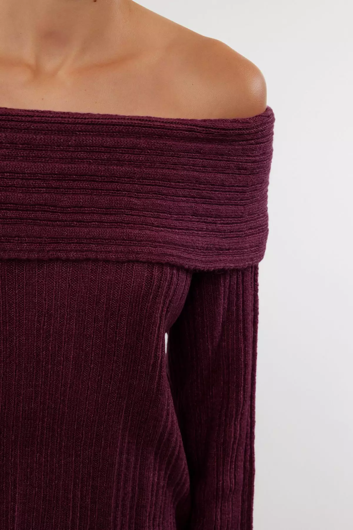 Burgundy Soft Textured Carmen Collar Knitwear Sweater