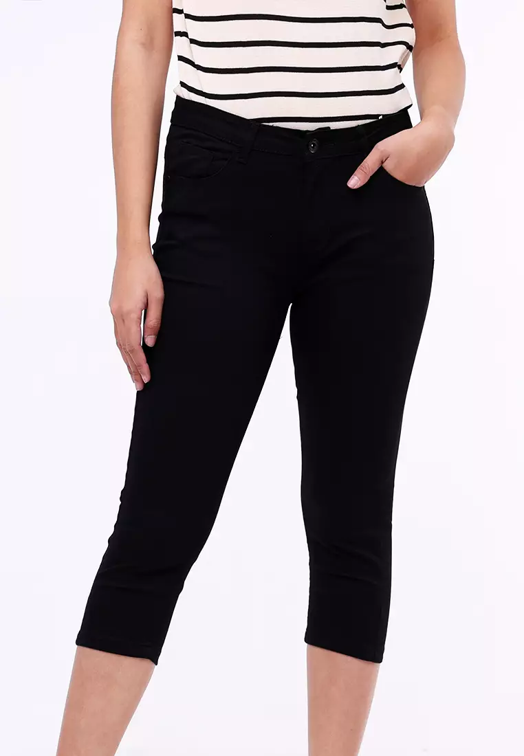 Buy online Black Denim Capri from Capris & Leggings for Women by