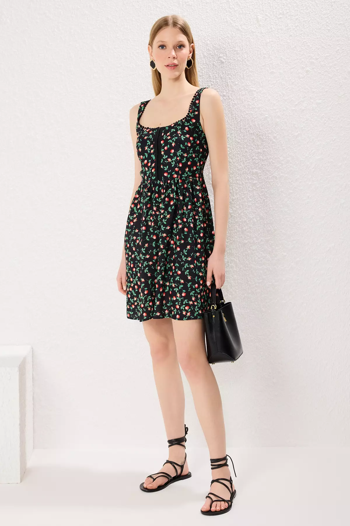 Black Floral Mini Woven Dress with Open Waist and Hooked Skirt TWOSS25EL00419