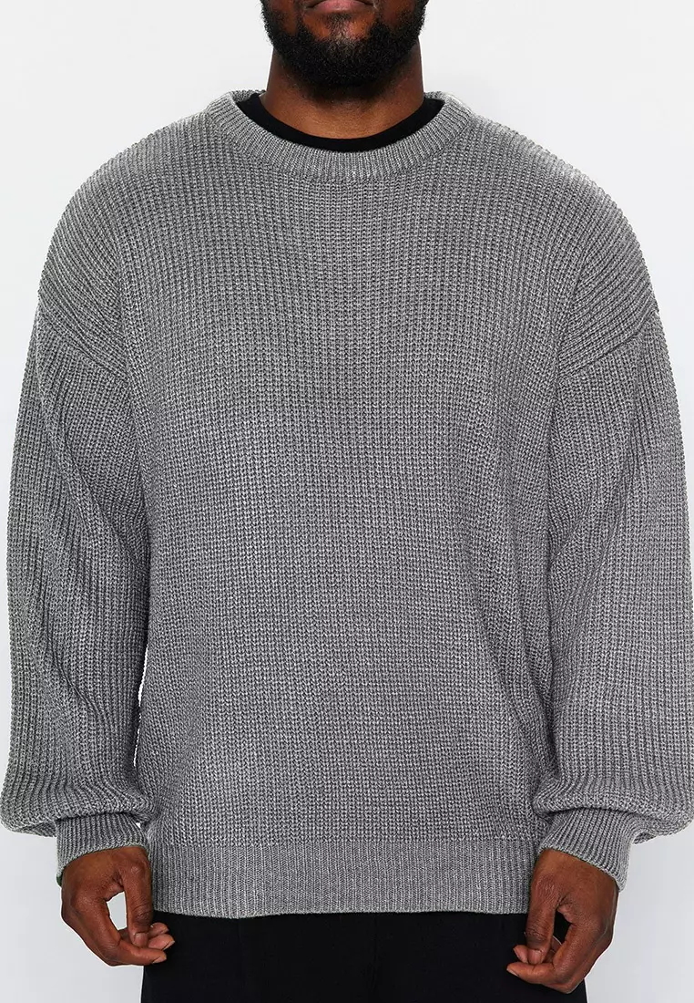 Men's Oversize Gray Knitwear Sweater - Crew Neck, Plus Size Tmnaw24An00001