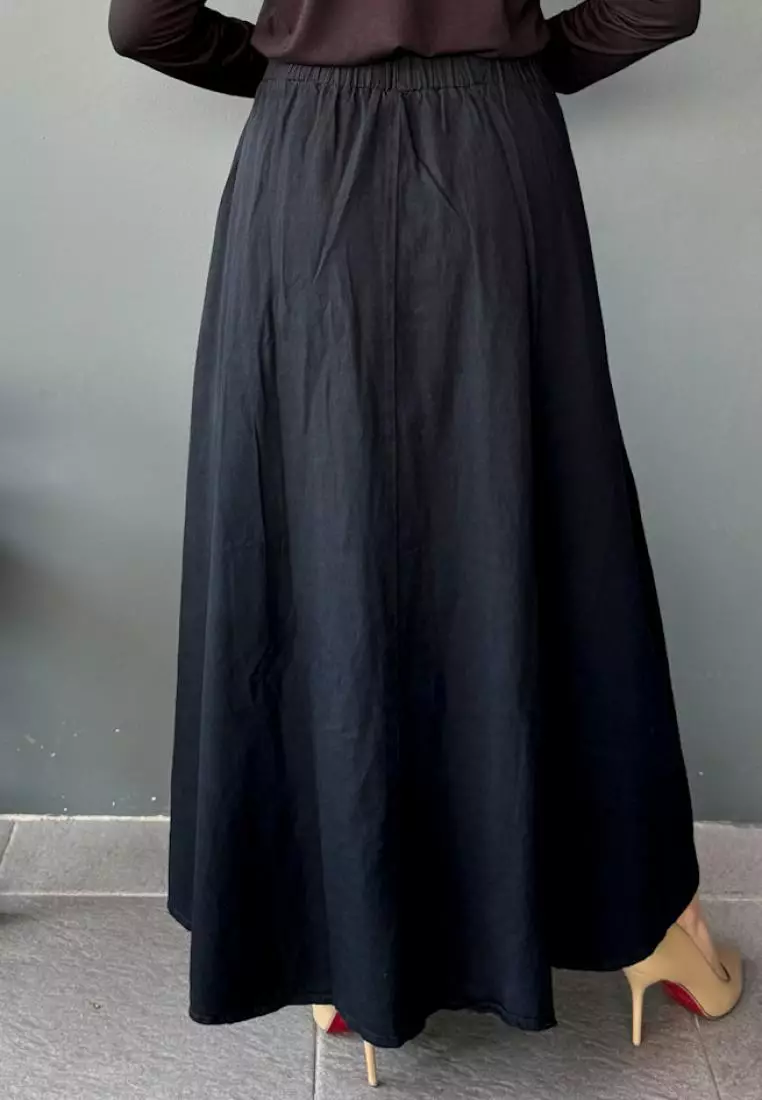 Vanya Denim Flare Skirt (Rok Panjang Muslim Wanita A-Line) Fit BB 95 kg