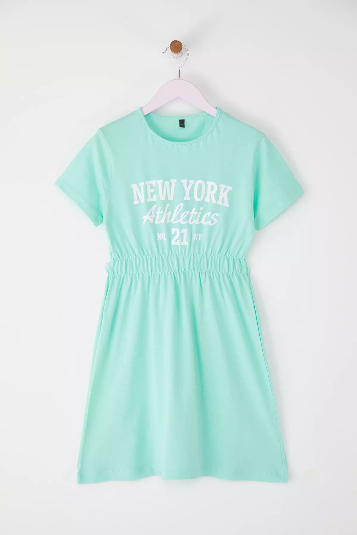 Mint Female Child 100% Cotton Slogan Printed Short Sleeve Elastic Waist Mini Knitted Dress Tkdss25El00084