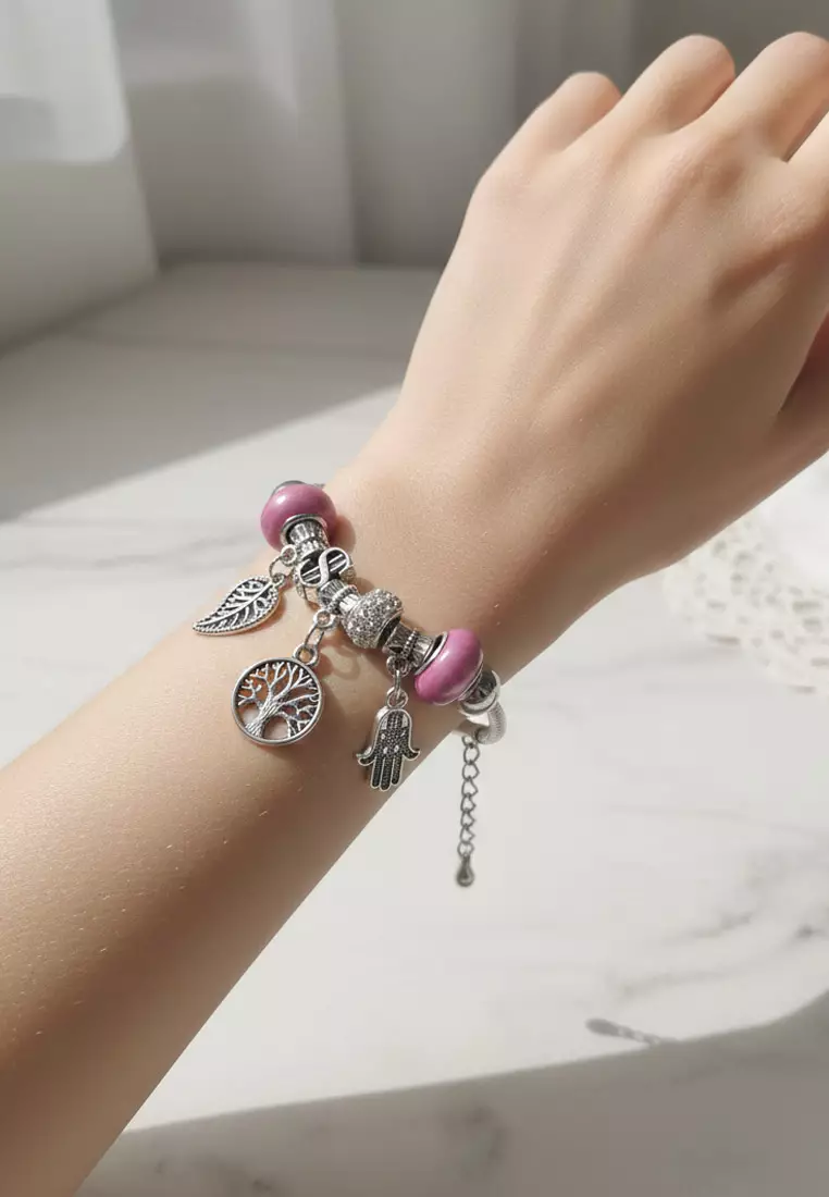 Accessories Wanita Tree Of Life Hamza Protective Hand Pomora Charm Bracelet Gelang Wanita Silver & Pink
