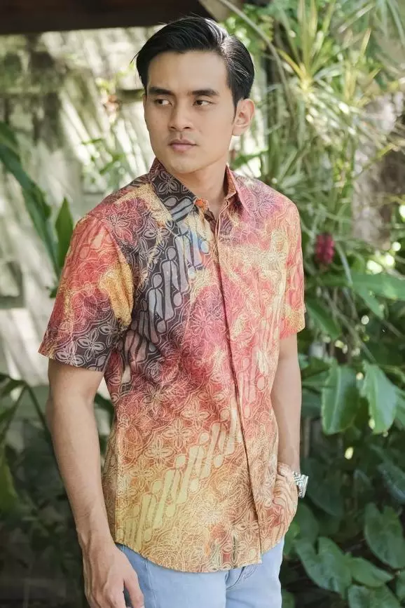 Asoka Orange Kemeja Pria  Pendek Slim Digital Print