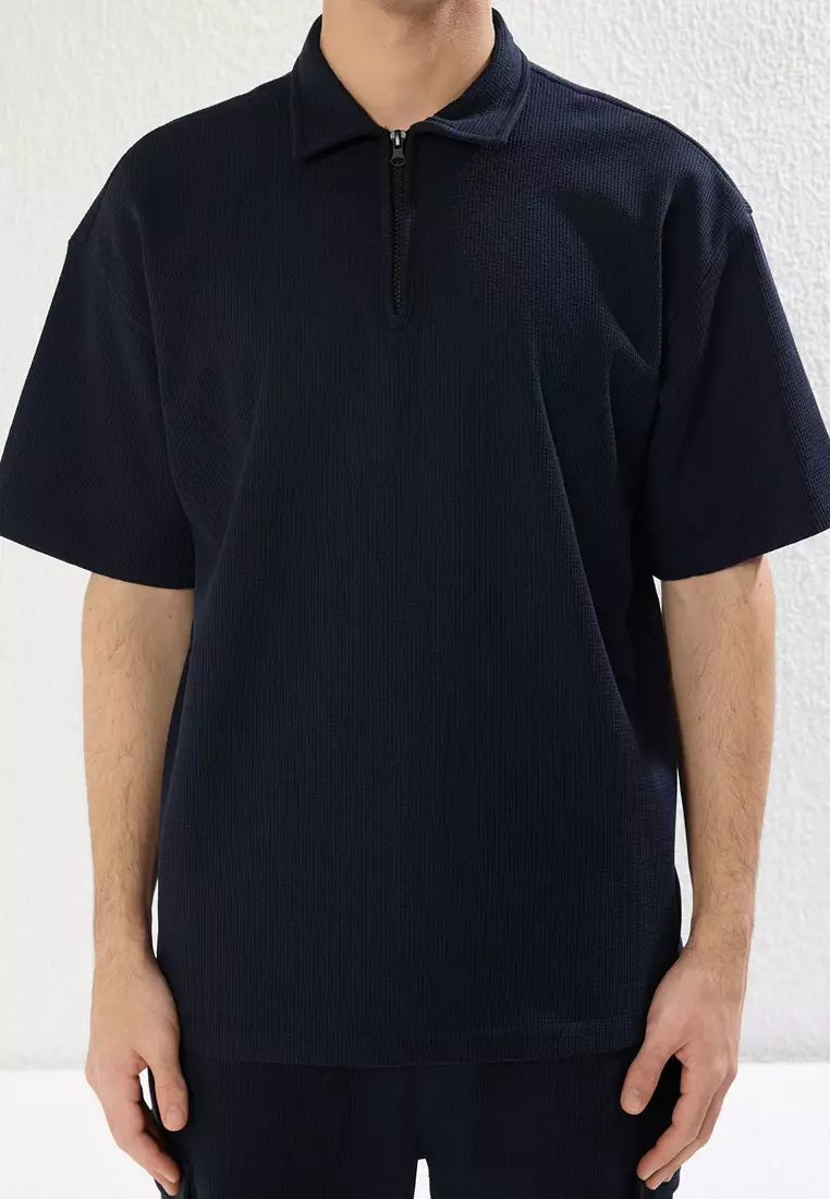 Navy Blue Regular/Normal Cut Zippered Polo Collar-Cargo Pocket Tracksuit TMNSS24EM00000