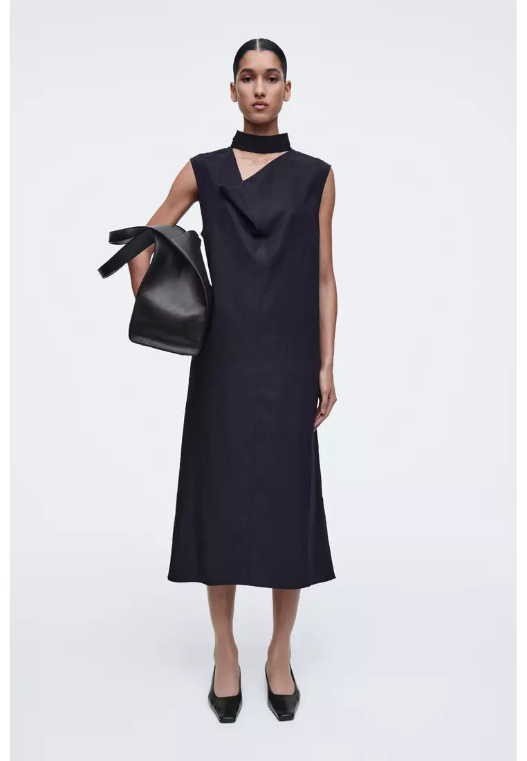 CUTOUT COWL-NECK MIDI DRESS