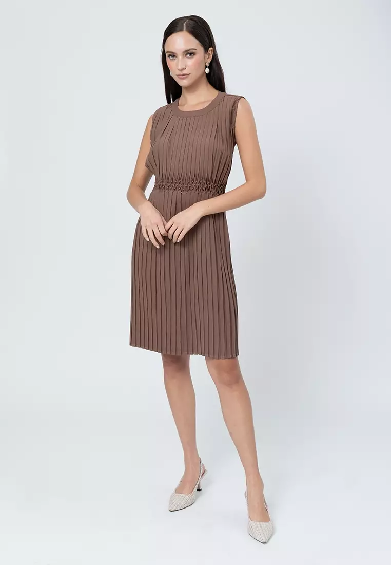 Isolde Pleated Sleeveless Shift Dress with Embroidery Waist Detail