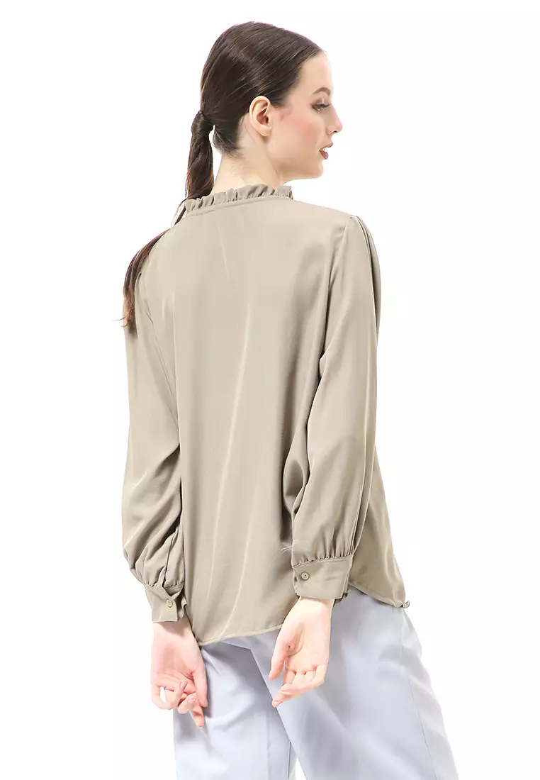 Vionka Kemeja Atasan Wanita Opnaisel Motif Polos - Army