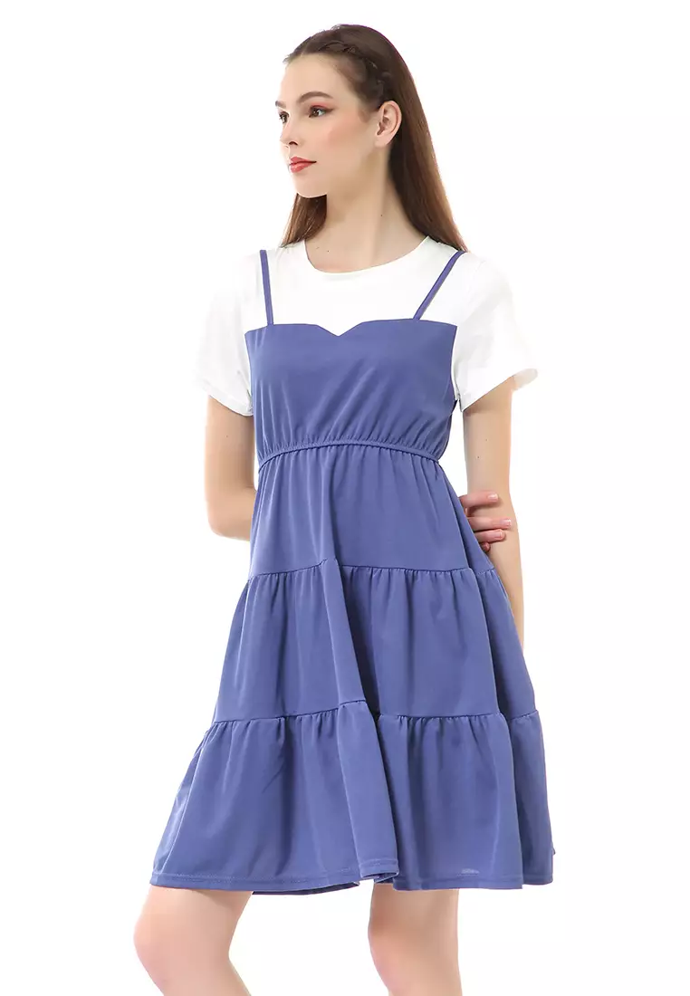 Rachel Midi Dress Wanita Lengan Pendek Model Menyatu Korean Style Material Cotton ORIGINAL - Blue