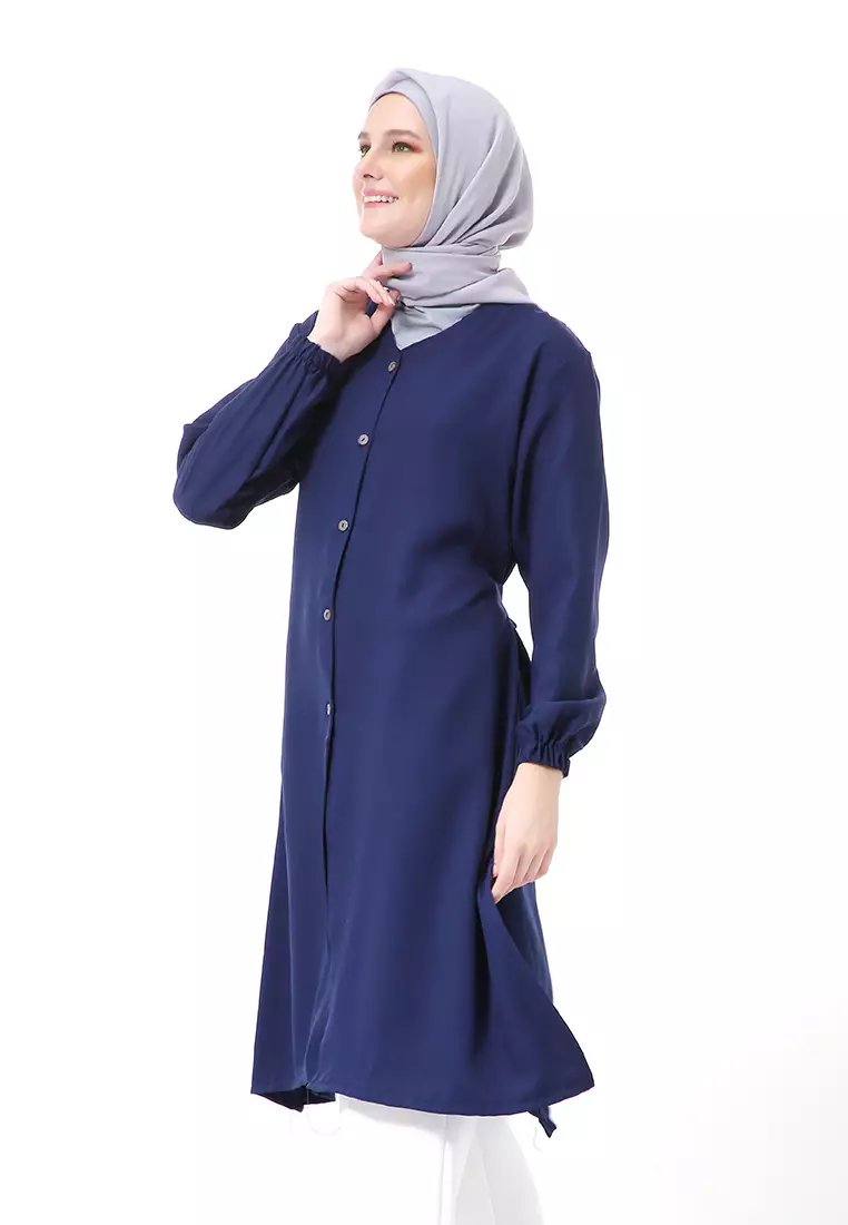 Indira Long Tunik Muslimah Atasan Wanita Long Sleeve Casual Premium Quality - Navy