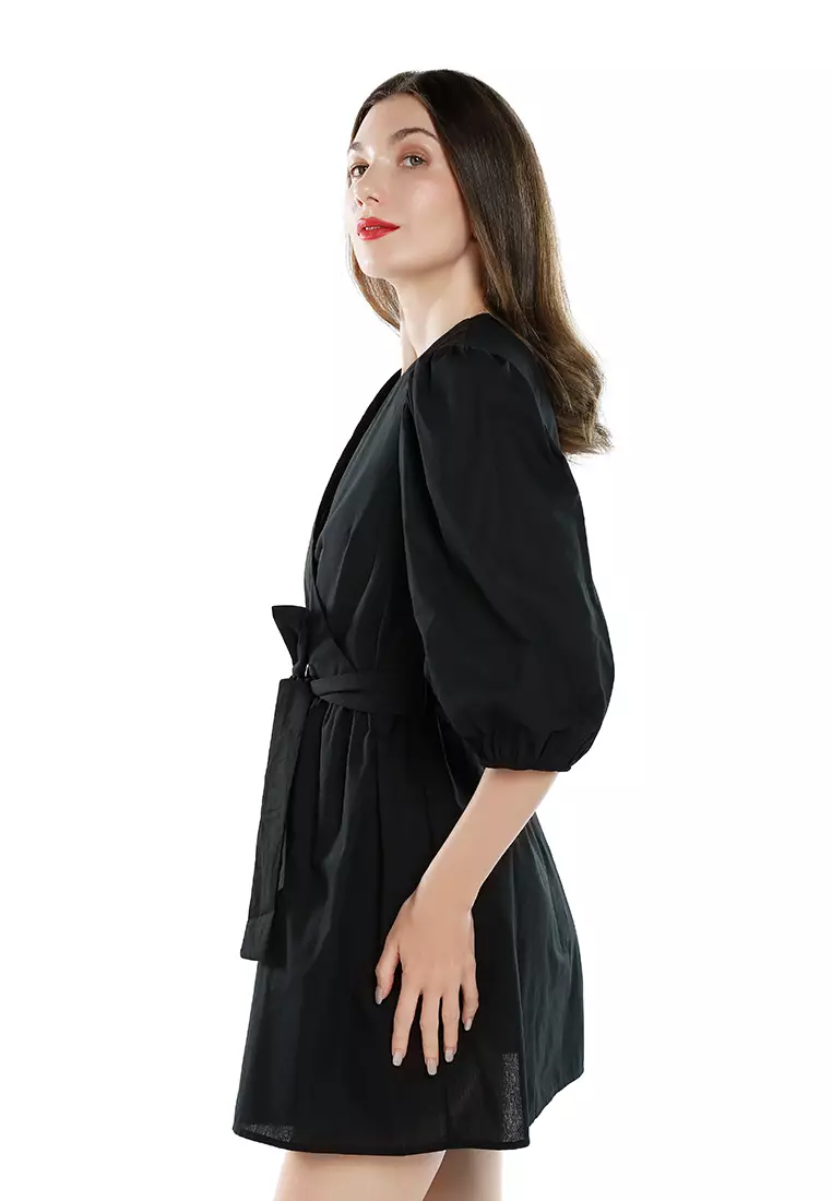 V-Neck Belt Dress In Black