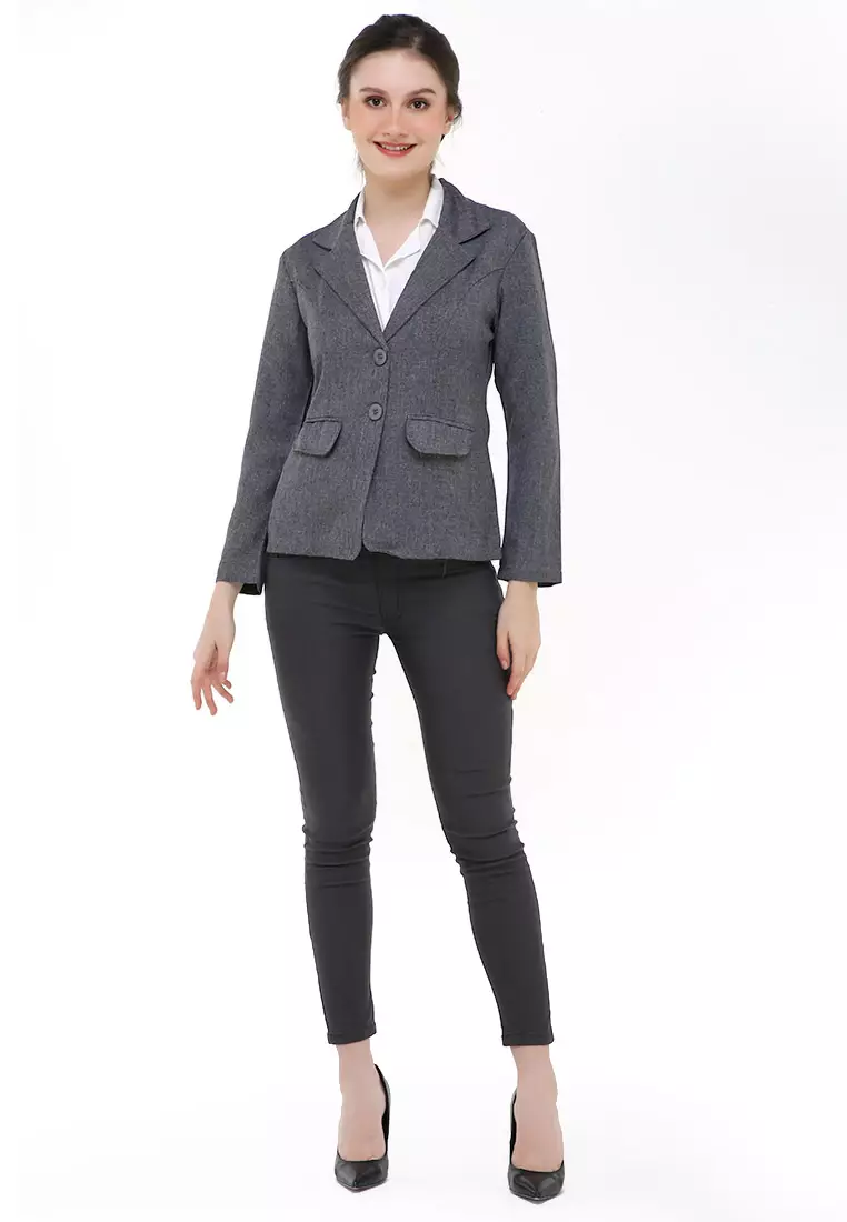 Qemsya Jas Blazer Wanita Two Pockets Two Button Formal Longsleeve Suit Material Polyester ORIGINAL - Gray