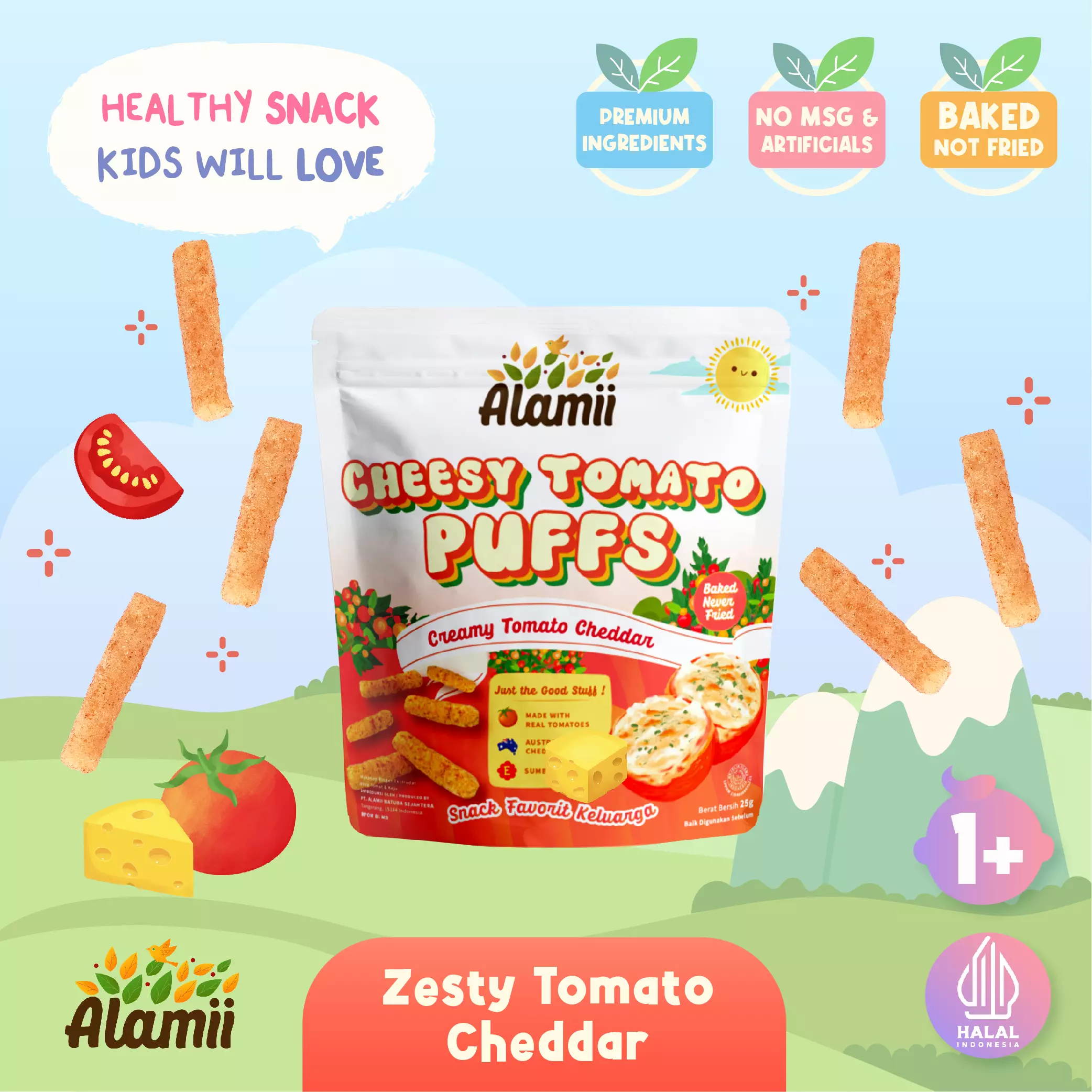 Alamii Cheesy Tomato Puffs 25 - Cemilan Sehat Anak Rasa Keju Tomat