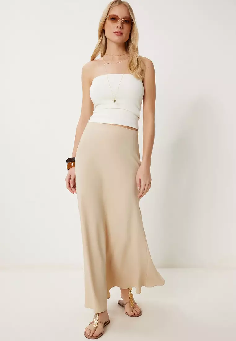 Women's Beige A-Line Draped Long Woven Skirt Gk00019