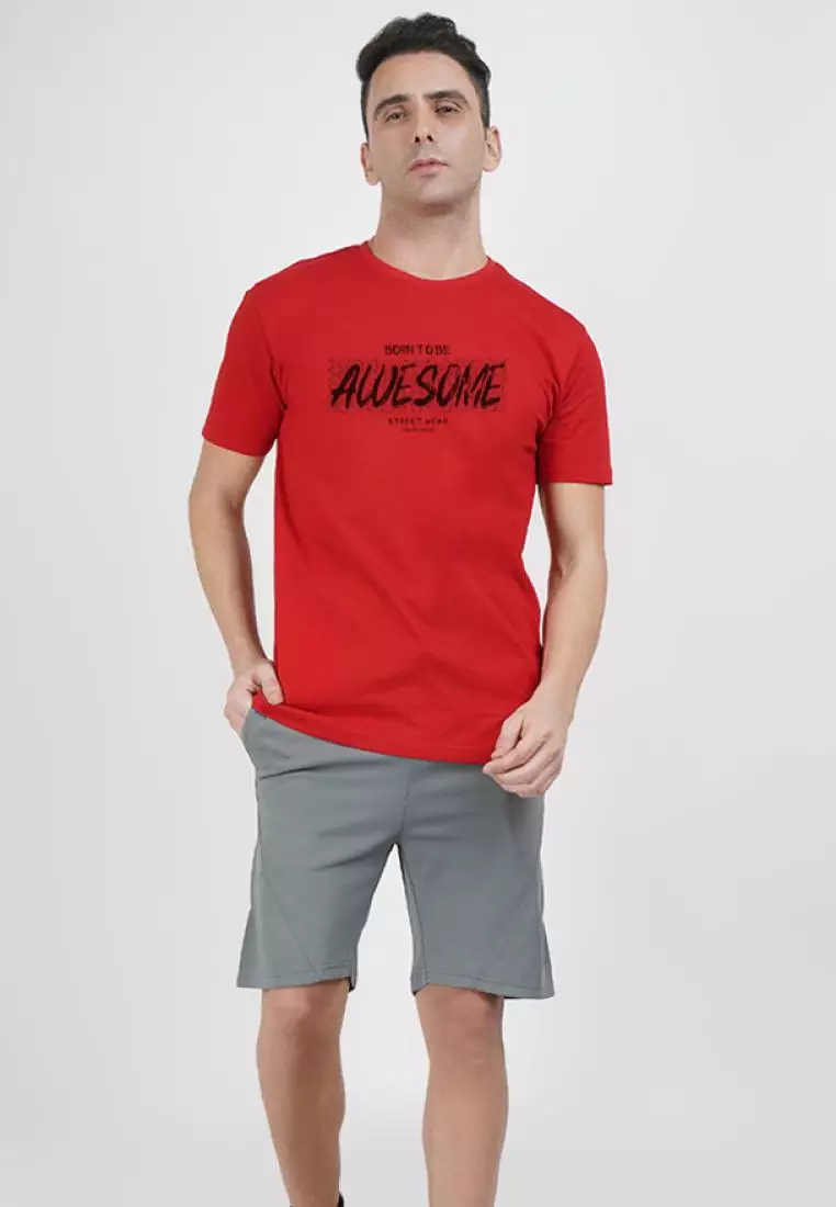 Born Awesome 红色棉质短袖圆领休闲 T 恤