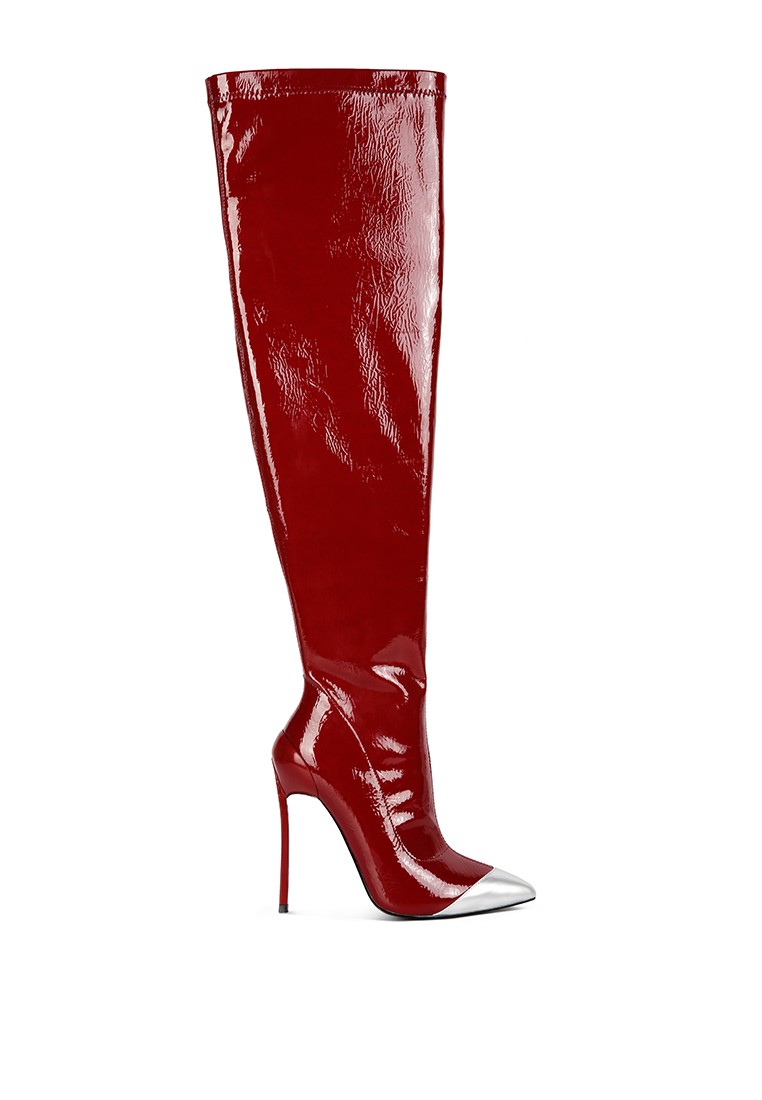 Burgundy High Heel Patent Long Boots