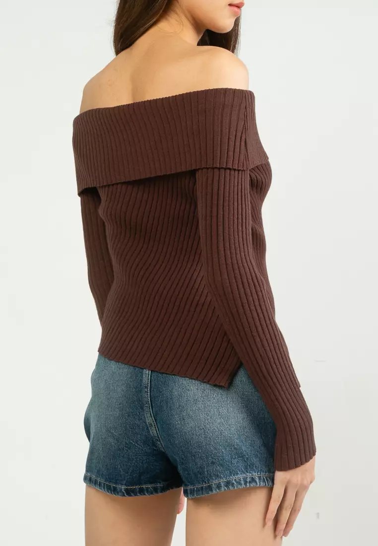 Asymmetrical Rib Off Shoulder Knit Top