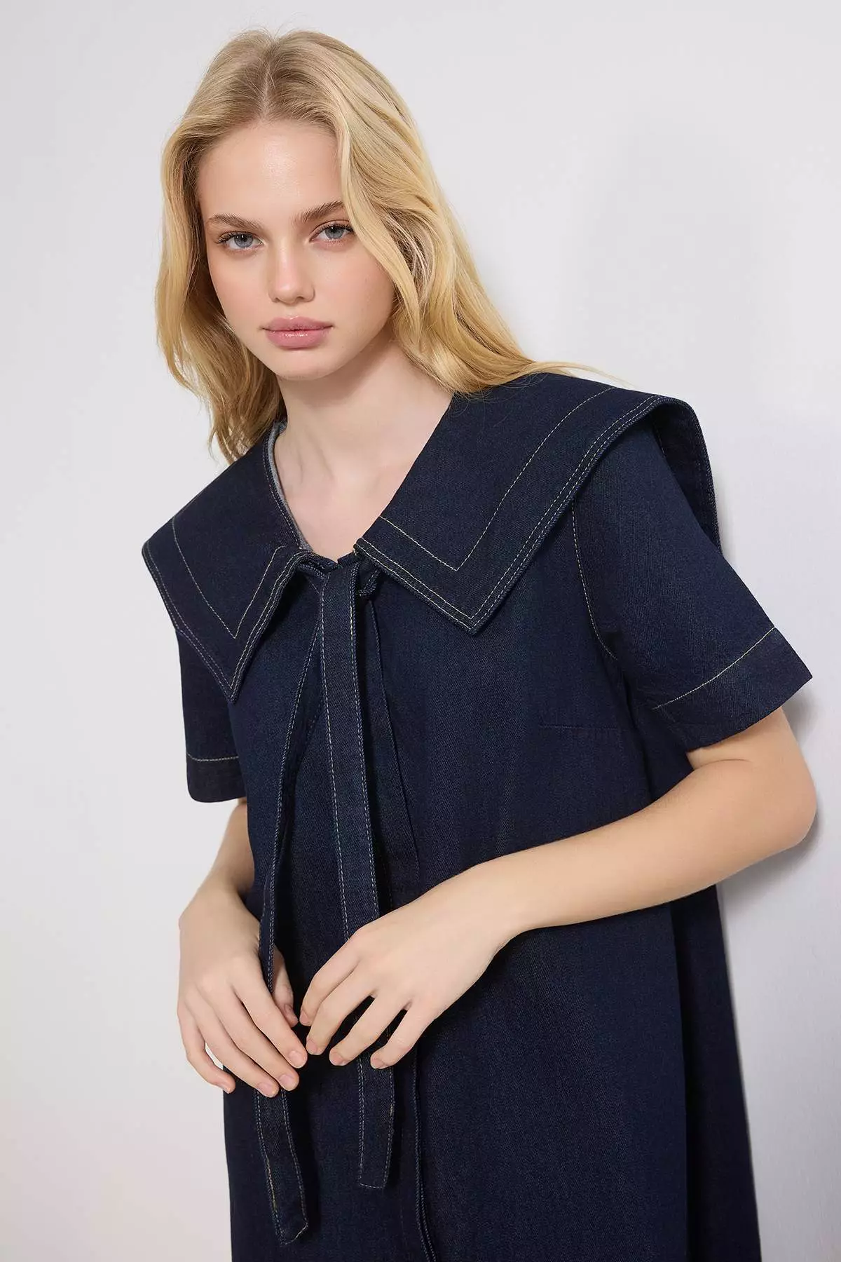 Blue Baby Collar Detailed 1% Cotton Mini Denim Dress Twoss26El41