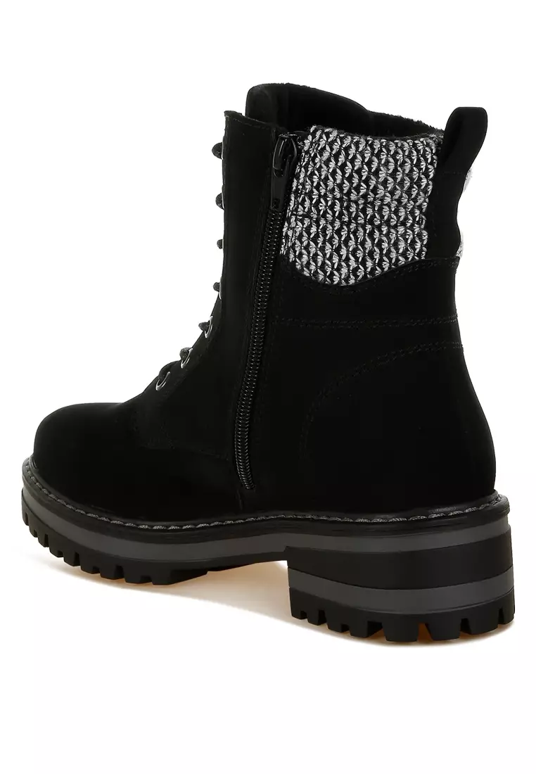 Knitted Collar Zip-Up Hiker Boots in Black