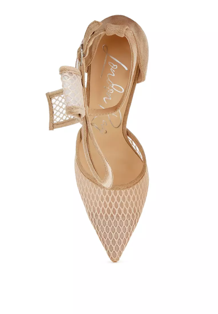 Sandal Stiletto Detail Busur Besar dalam Warna Krem