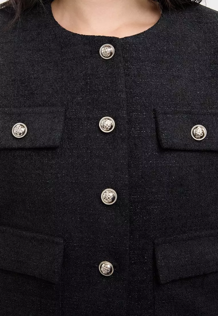 Round Neck Long Sleeve Tweed Jacket - Black