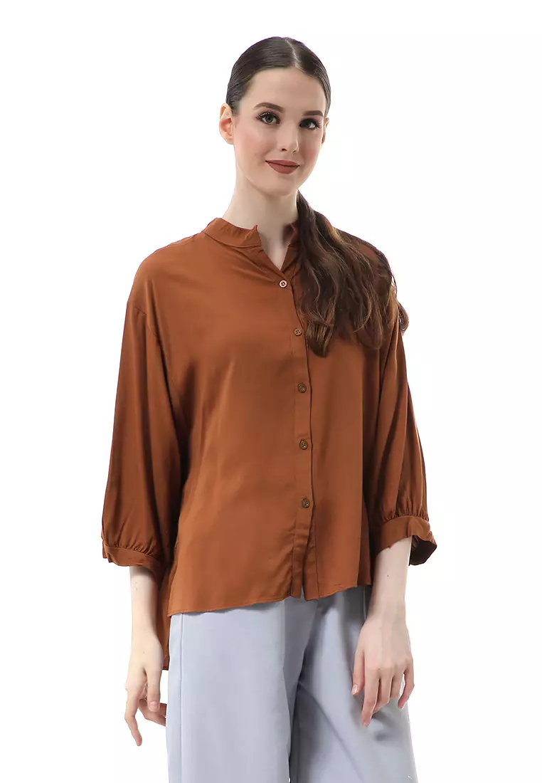 Ghita Kemeja Atasan Wanita Motif Polos Long Sleeve High Quality - Caramel