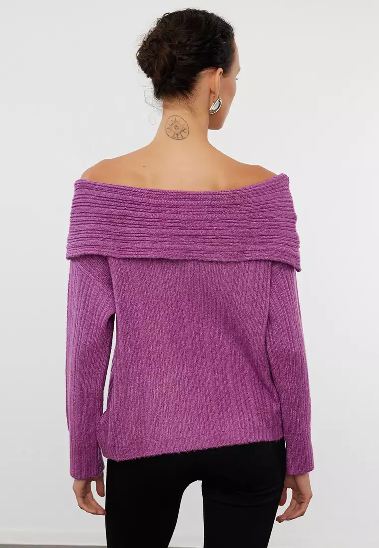 Plum Soft Textured Carmen Collar Knitwear Sweater TWOAW25KZ00076