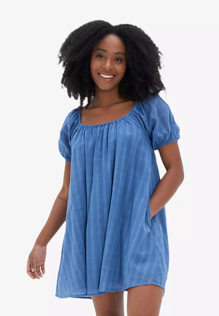 American Eagle Women Smocked Waist Midi Dress L Blue : Buy Online