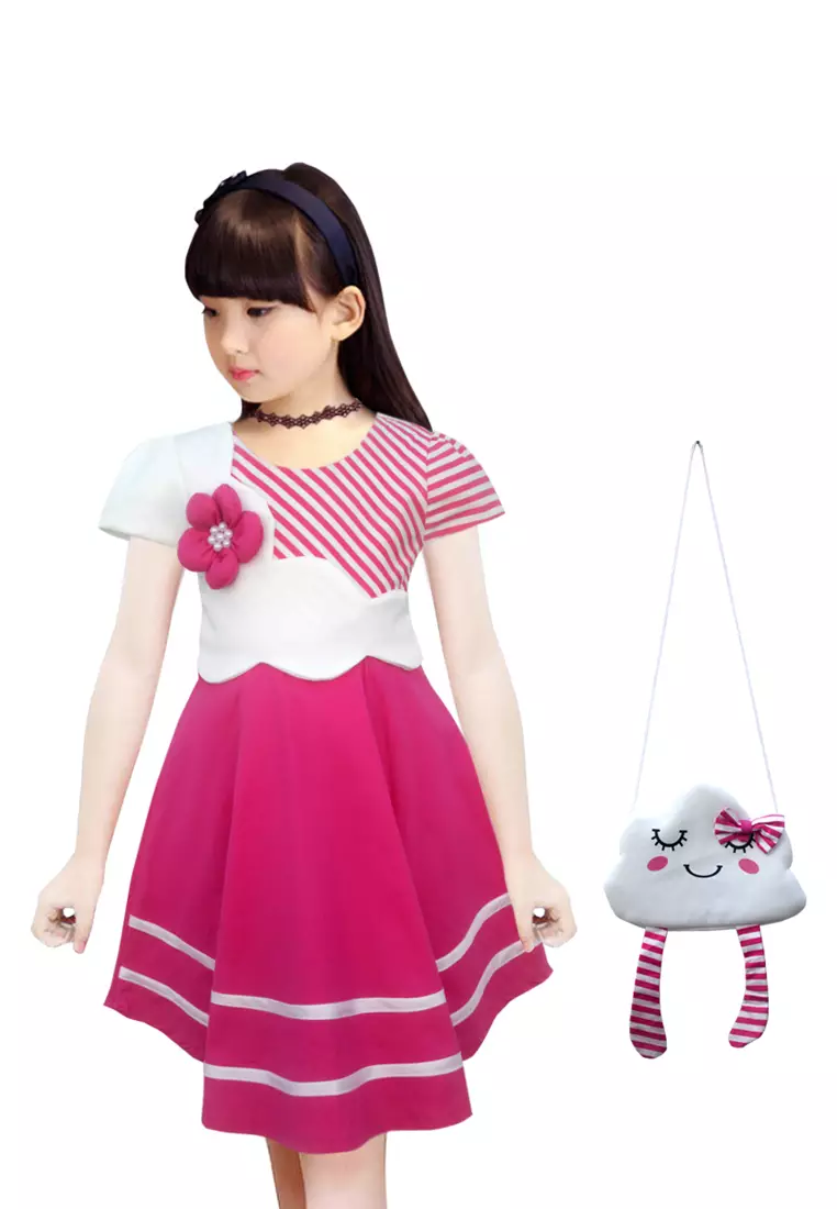Two Mix Dress Anak Perempuan Bahan Kaos Scuba Motif Awan Lucu GRATIS Tas Lucu 4132