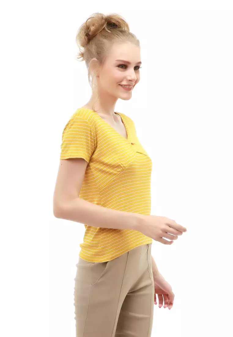 Genevie Blouse Kasual Wanita Lengan Pendek Model Salur Variasi Kerut Tengah Material Cotton ORIGINAL - Yellow