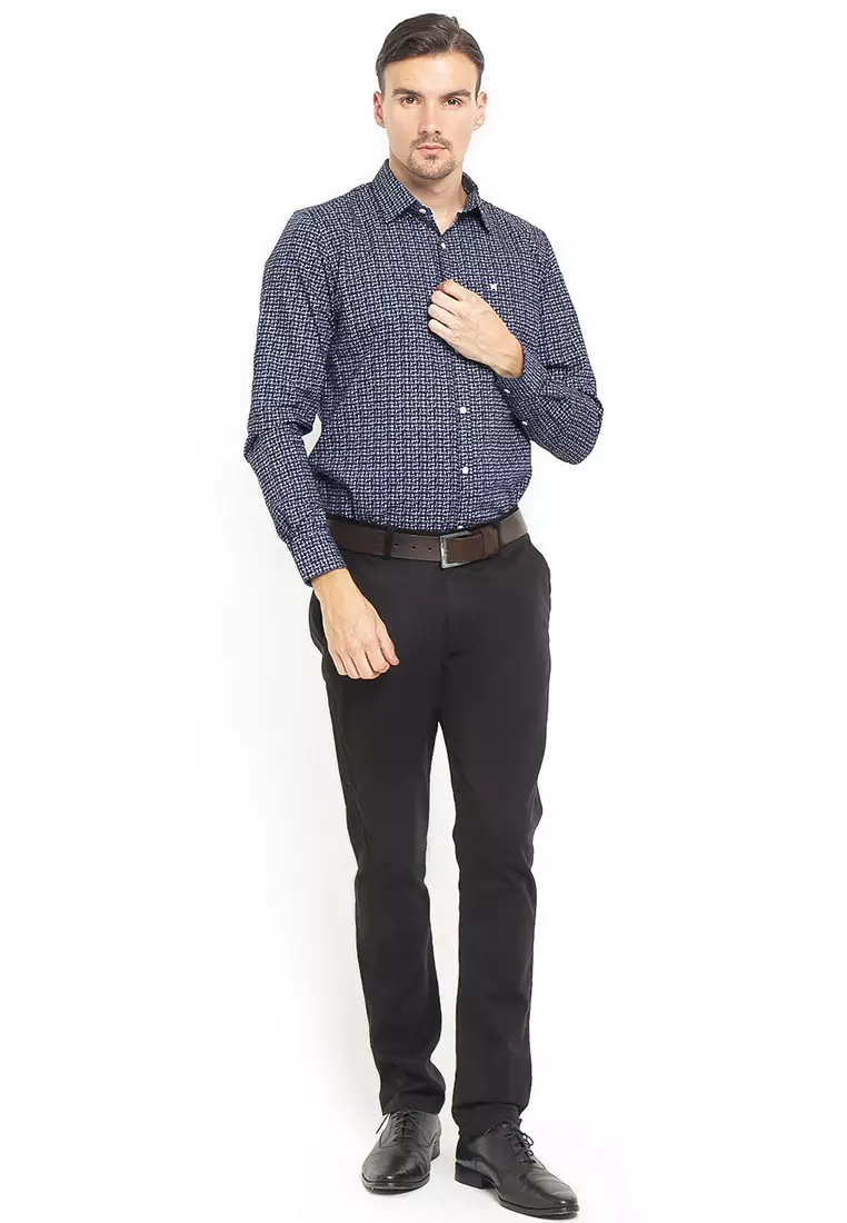 Johnwin - Slim Fit - Kemeja Formal - Print Pattern - Navy