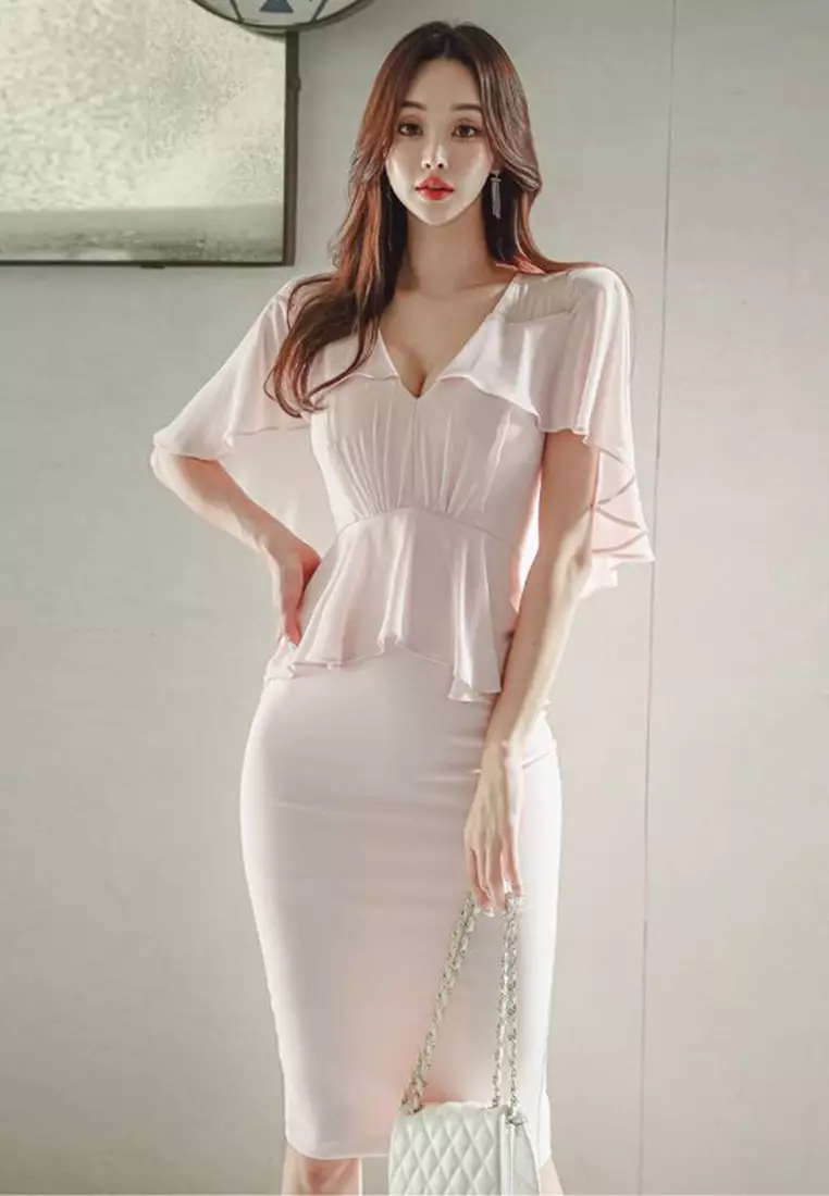 2025 New V-Neck Off-Shoulder Ruffled Hem Sexy Dress CA061349