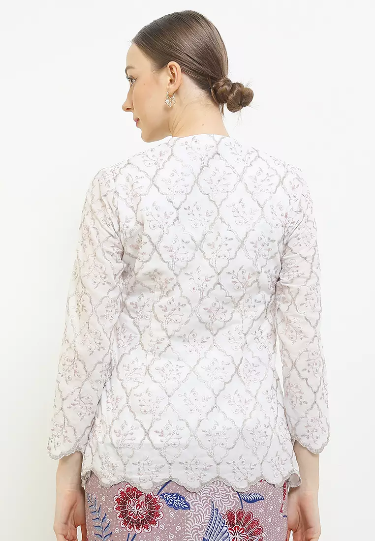 Blouse Atasan Kebaya Kutubaru Modern Wanita Kartini Jamira White Lengan Panjang