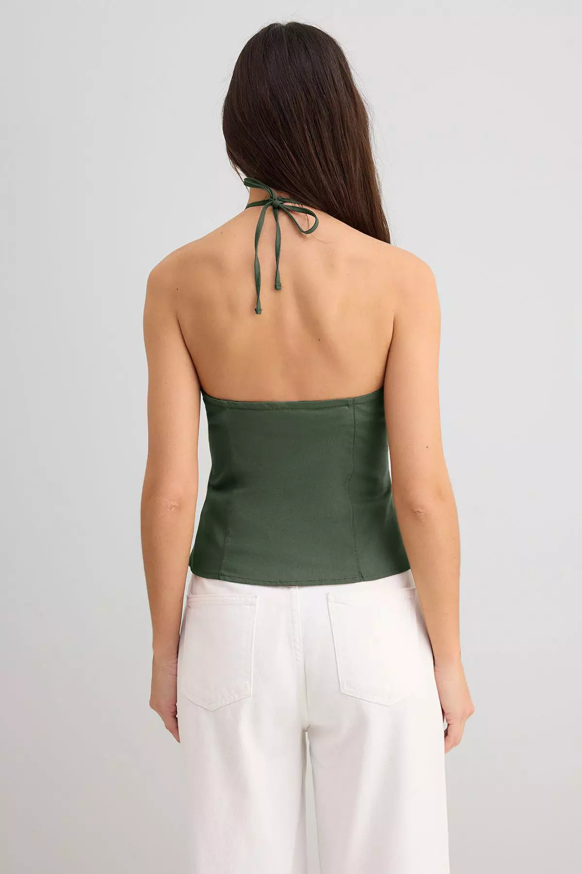 Khaki Cotton Thin Gabardine Halter Neck Woven Blouse