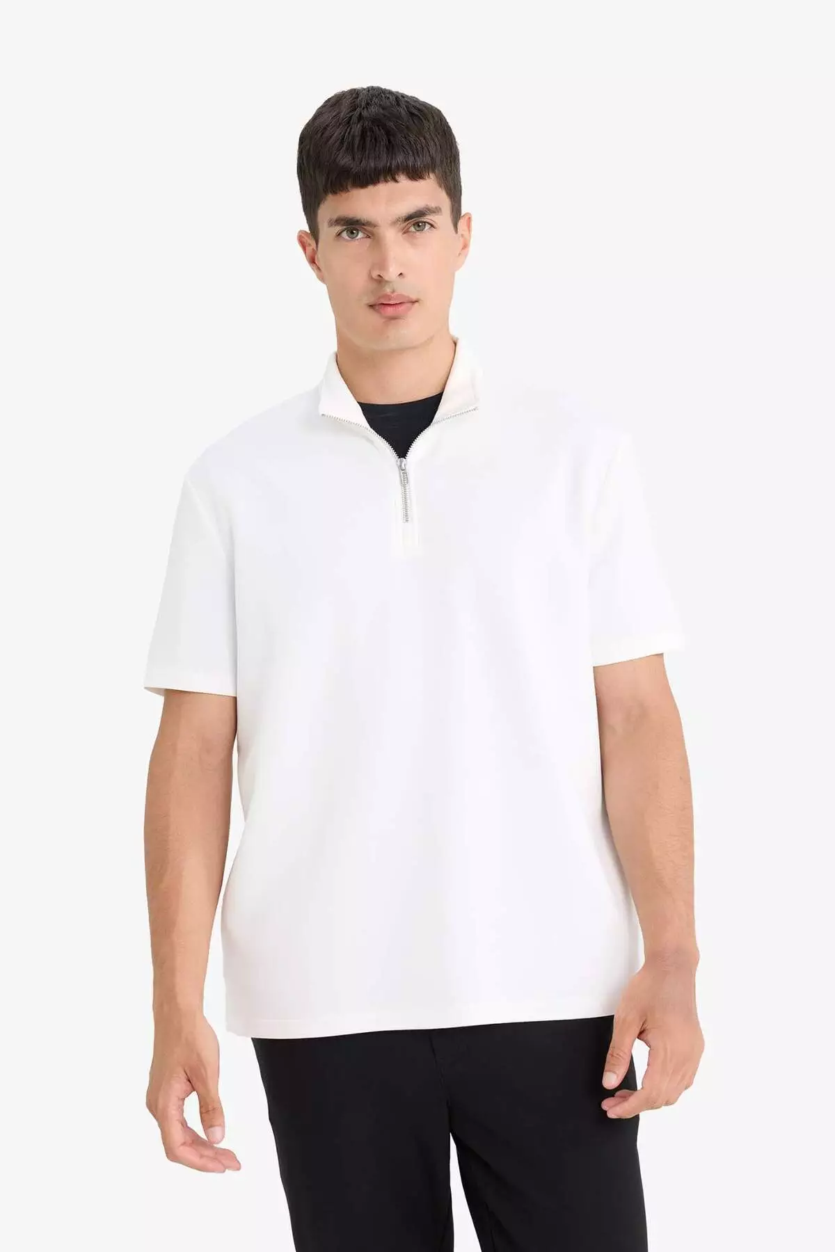 Regular Fit Stand Collar Half Zipper Heavy Fabric Short Sleeve T-Shirt B6502Ax25Sp