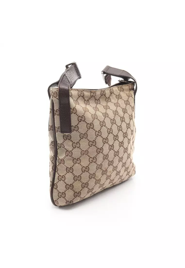 Pre-Loved Gucci GG canvas Shoulder bag canvas leather beige Dark brown