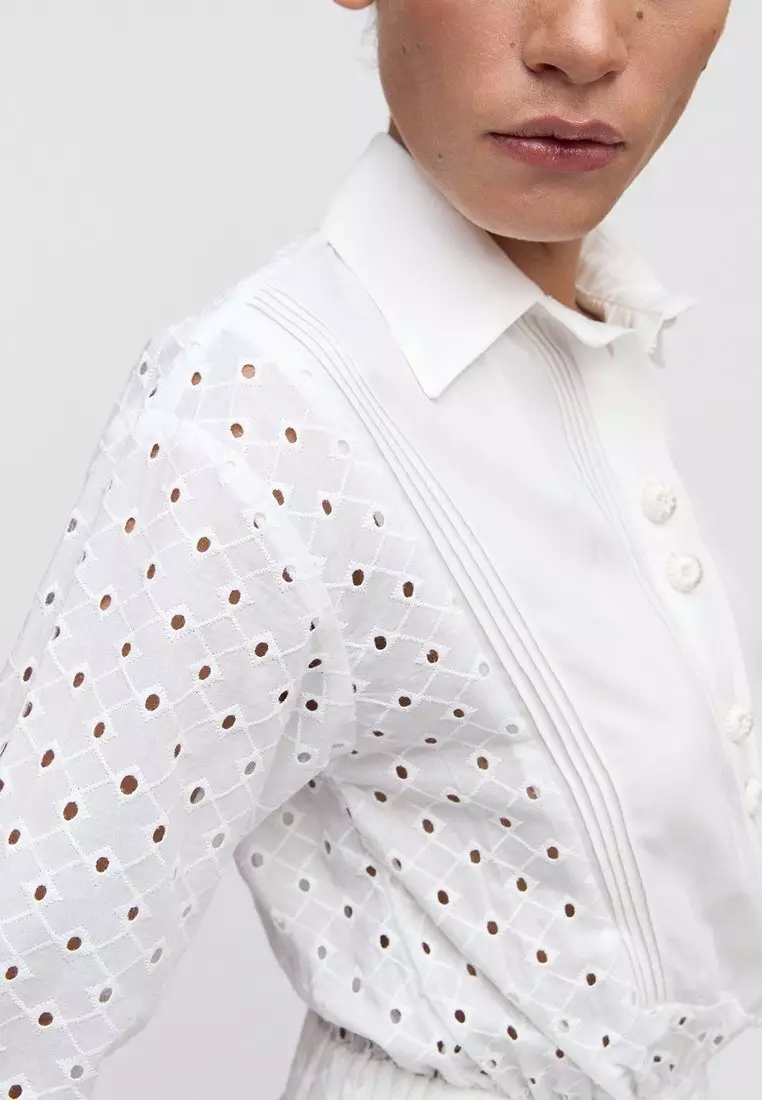 Eyelet Ruffled Shirt Dress - White