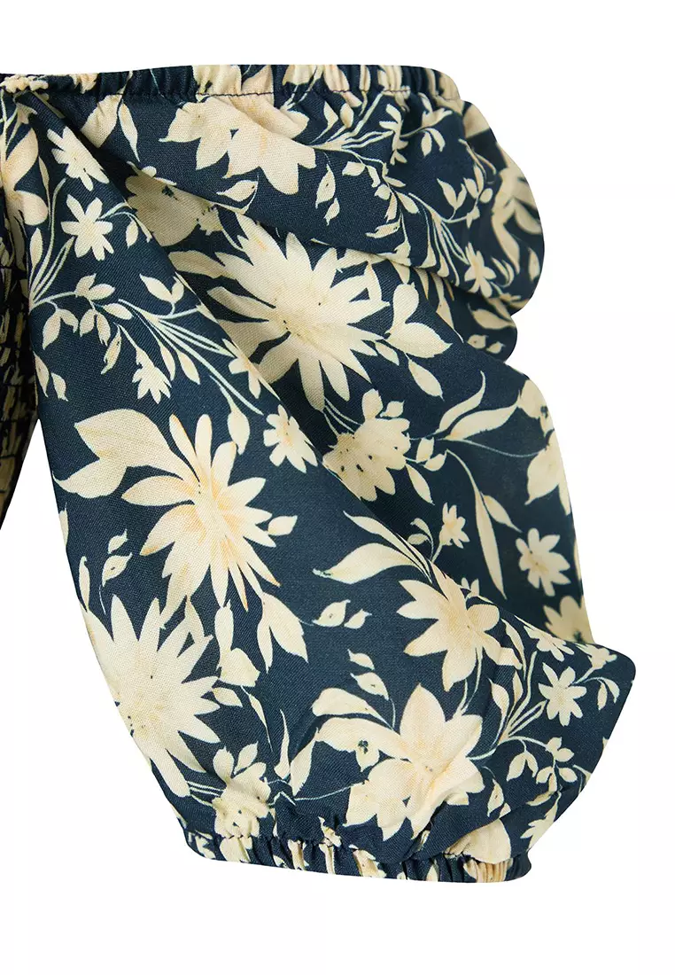 Emerald Green Floral Gipel Asymmetrical Collar Balloon Sleeve Woven Plus Size Dress TBBSS25AH00027