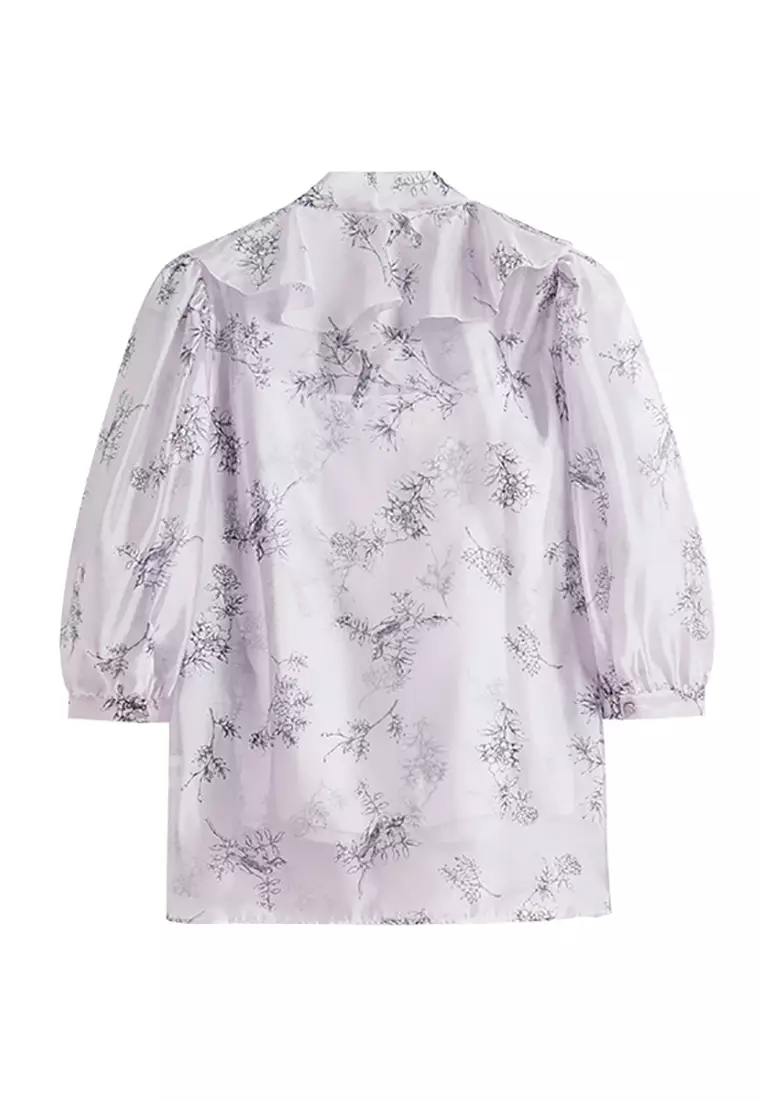 Floral Chiffon Blouse with Front Ribbon Tie