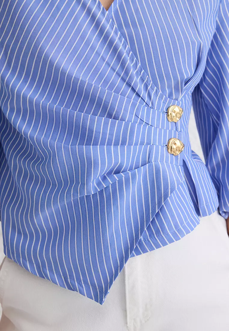 Blue Double Breasted Striped Blouse