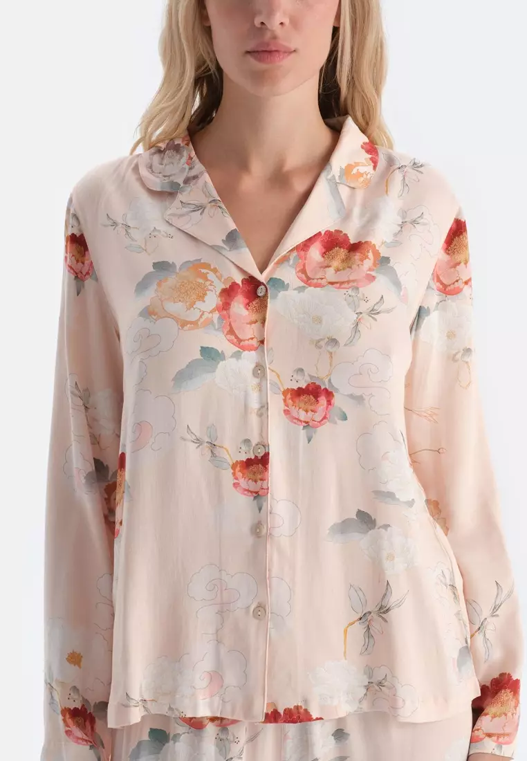 Cream Shirt, Floral Patterned, Regular Fit, Long Sleeve Sleepwear for Women