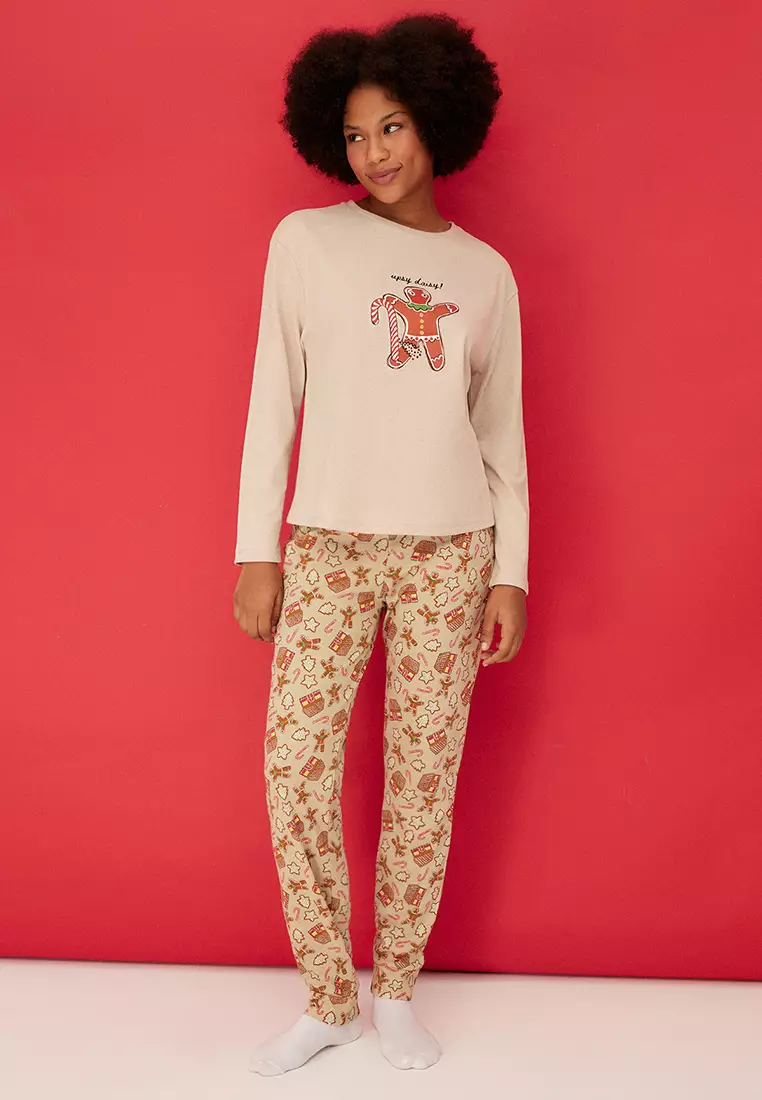 Cream 100% Cotton Christmas Themed Knitted Pajama Set THMAW24PT00061