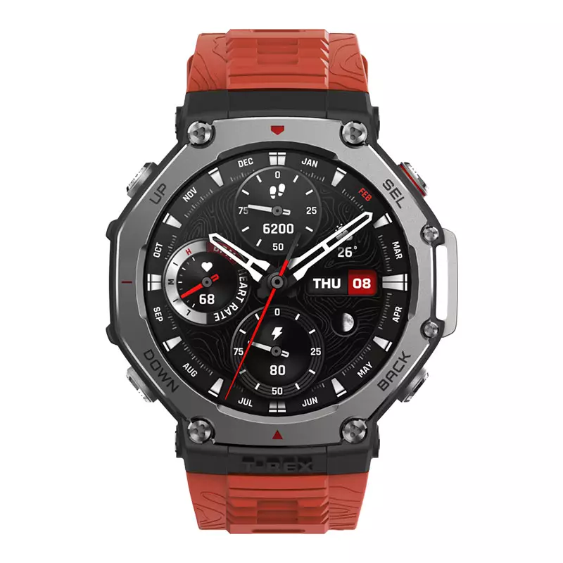 Jam Tangan Unisex Amazfit T-Rex 3 Lava W2323GL3N Smartwatch 48mm 1.5 Inch AMOLED Screen GPS SpO2 Orange Silicone Strap