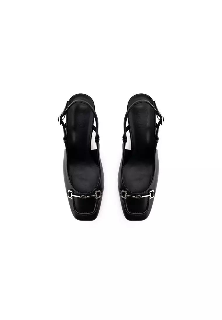 METAL BUCKLE SQUARE TOE SLINGBACK BLOCK HEEL