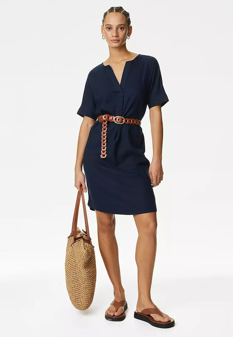Linen Rich V-Neck Knee Length Shift Dress