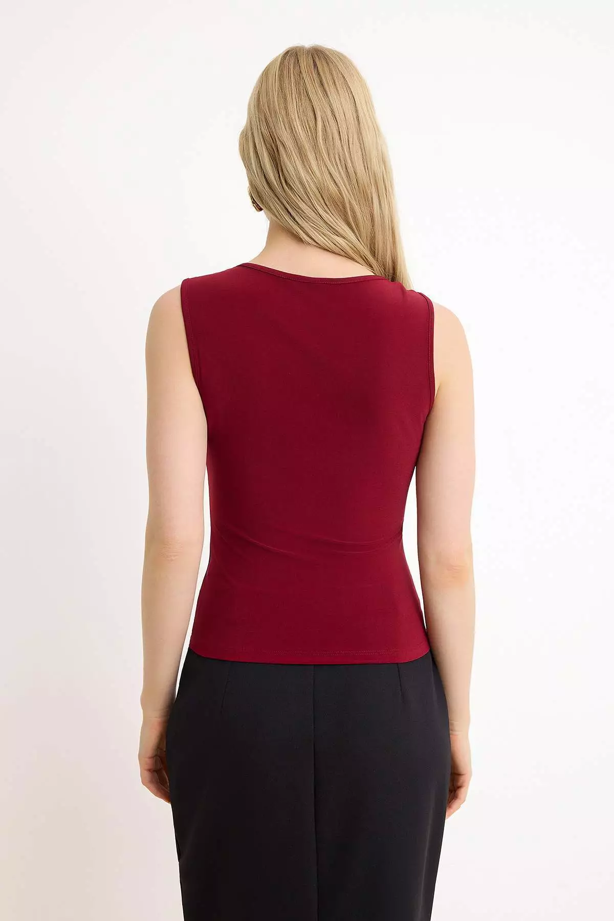 Burgundy Fitted/Bodycon Pool Collar Sleeveless Accessory Detailed Stretchy Knitted Blouse Twoss26Bz472