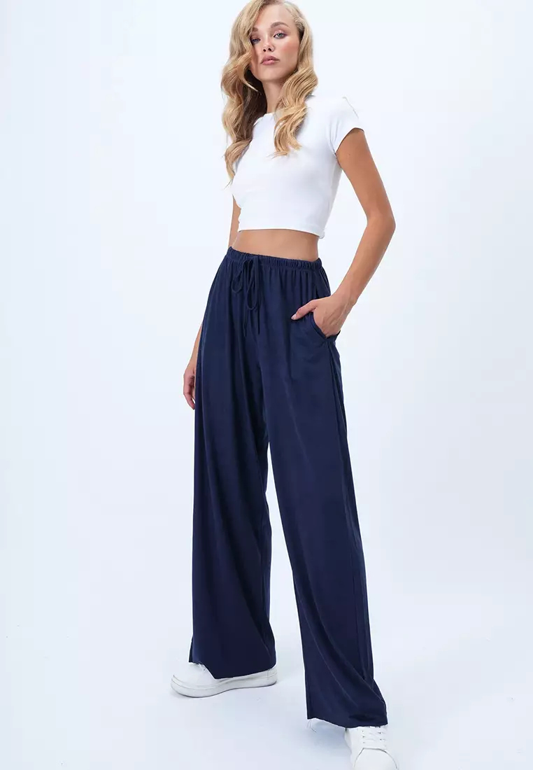 Double Pocket Elastic Waist Faux Suede Palazzo Pants